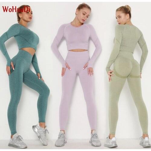 WOHUADI 2Pcs/set Women Gym Suit Yoga Set Fitness Yoga clothing Seamless Sports Long-sleeved shirt Set Running Leggings 10 colors