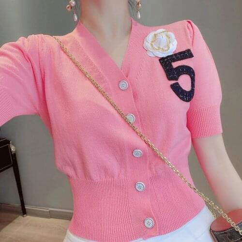 Thin Cardigan Women Summer 2021 New 3D Corsage Cropped Cardigan High Fashion Crop Tops Solid V Neck High Waist Sweater Shirt
