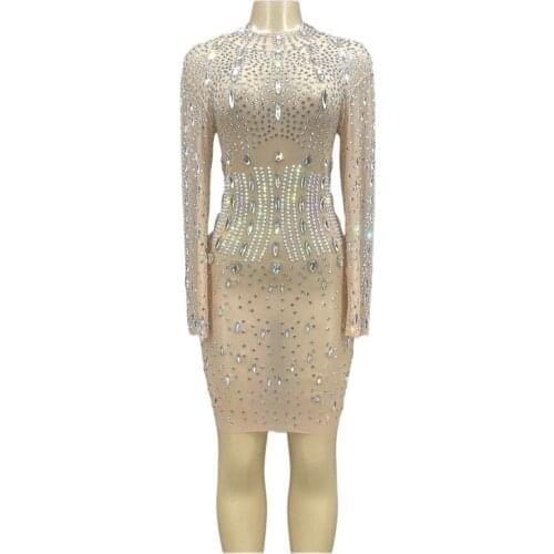 Women New Sparkly Rhinestones Bodycon Short Dress Fashion Prom Gown Evening Sexy See Through Crystals Birthday Party Dress