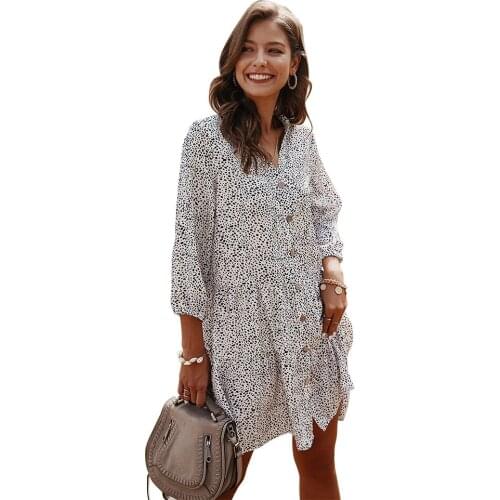 MEIYANGYOUNG V Neck Print Women Dress 2021 Three Quarter Sleeve Loose Mini Dresses For Female Fashion Boho Party Dress