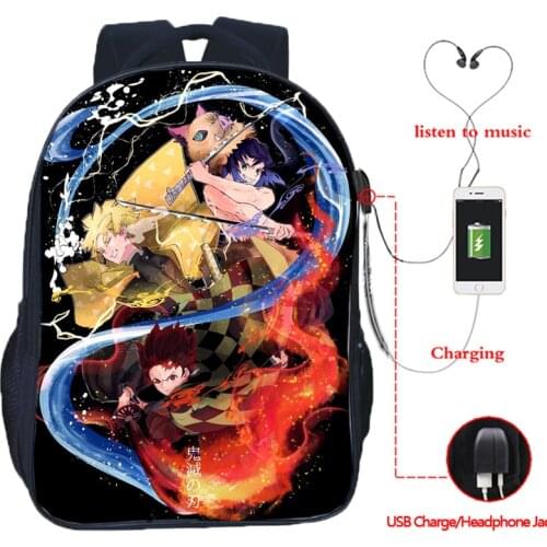 16 Inch Cool Anime Demon Slayer USB Backpack Student Kimetsu No Yaiba School Bag Children Cartoon Bookbag Men Women Travel Bag