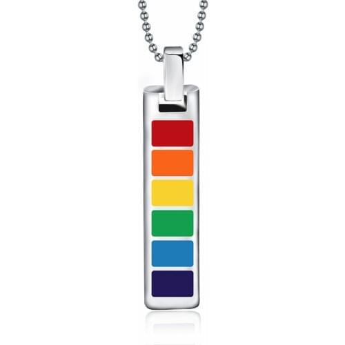 2021 LGBT Trendy Accessories Titanium Steel Epoxy Rectangular Rainbow Personalized Pendant Necklace Suitable For Couples