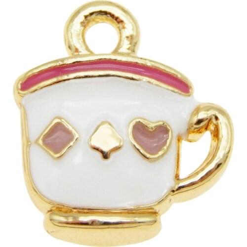 4pcs Cute Enamel Tea Cup Design Charms Alloy Pendant Gold Tone Coffee Cup Pattern For Bracelet Jewelry Making Accessory 13*11mm