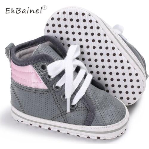 Spring Autumn Patchwork Anti-Slip Soft Sole First Walkers PU Leather High Heel Lace-Up Baby Shoes Baby Boys Shoes