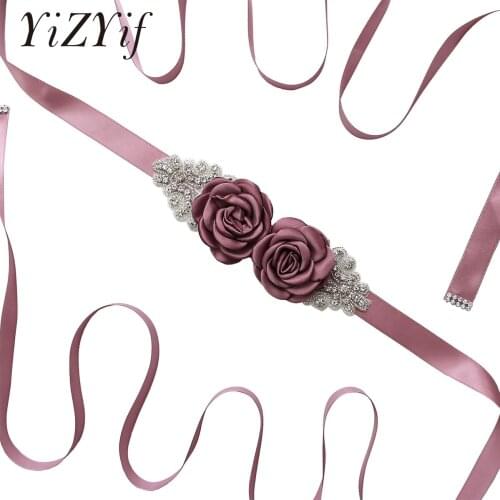 Elegant Satin Sash Bridal Belt with 3D Flowers Applique Shiny Rhinestone for Wedding Bride Prom Dress Wedding Accessories Props
