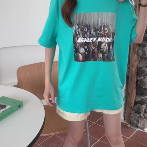 Short-sleeved t-shirt womens loose casual middle-sleeved personality printed pattern lazy half-sleeved top ins tide T-shirt