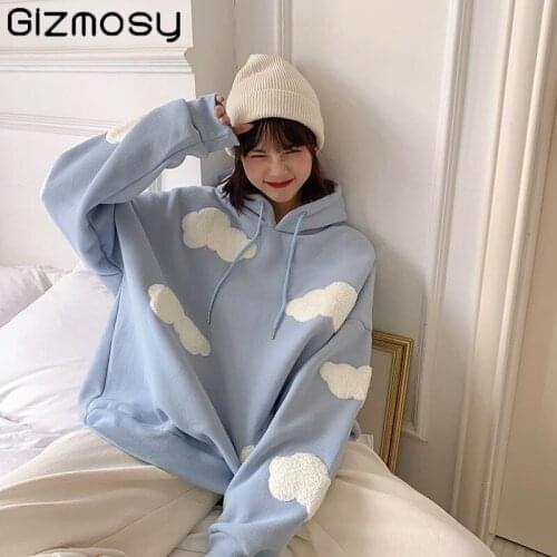 Gizmosy Korean Sweatshirt Women Winter 2021 Fashion Clouds Pullover Women Plus Velvet Warm Long Sleeve Top Casual Hoodies Female