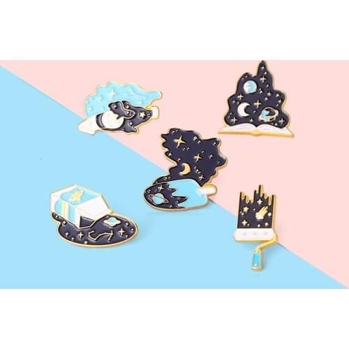 Creative Starry Sky Universe Star Moon Planet Enamel Brooch Fun Brush Ice Cream Milk Book Alloy Pins Badge Woman Jewelry Gift