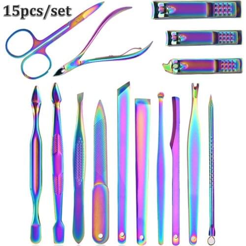 New Stainless Steel Rainbow Chameleon Manicure Nail Clippers Cutter Pliers Sanding File Acne Needle Kits Toenail Grooming 1 Set