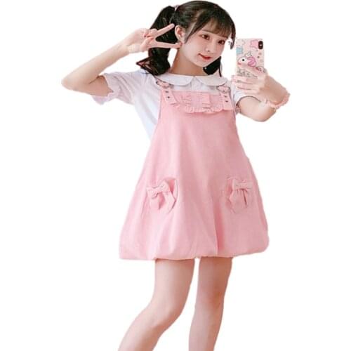 Summer Kawaii Pink Dress Teen Girls Korean Style Vintage Ruffles Spaghetti Strap Dresses Cute Heart Bow Pocket Loose Overalls