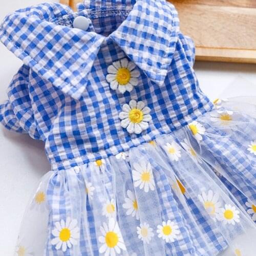 Dog Summer Pet Outfit Cooling Two Feet Pink Blue Plaid Cotton Dog Apparel Costumes For Small Princess Fragrant Skirts Yorkshire