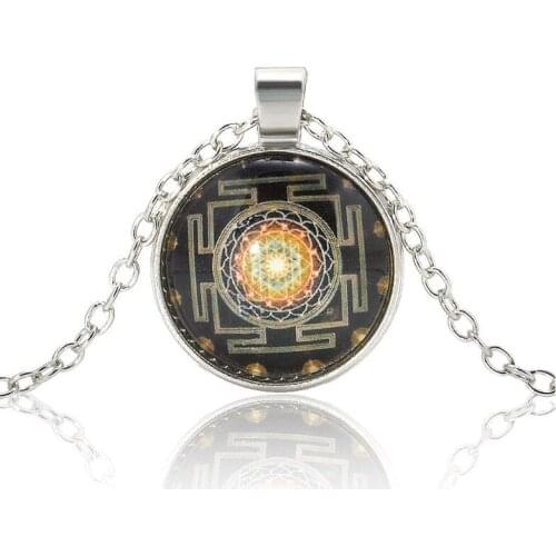 Fashion Chain Necklace Sri Yantra Photo Cabochon Glass Pendant Jewelry