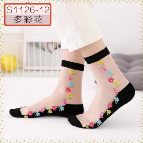 Fashion Women Socks Transparent Embroidery Lace Flower Crystal Socks Female Floral Elastic Glass Silk Girl Short Socks