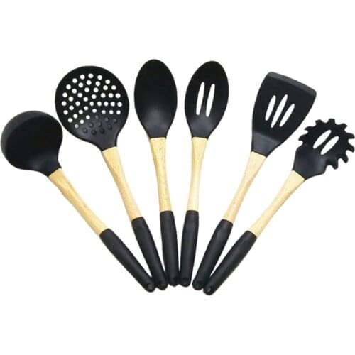 Kitchen Cooking Utensils Set Silicone Non-Stick Spatula Ladle Beaters Shovel Beaters Set Wooden Handle Kitchen Cooking Tool