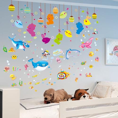 [shijuekongjian] Ocean Fish Wall Stickers DIY Cartoon Animals Wall Decals for Kids Rooms Baby Bedroom Nursery House Decoration