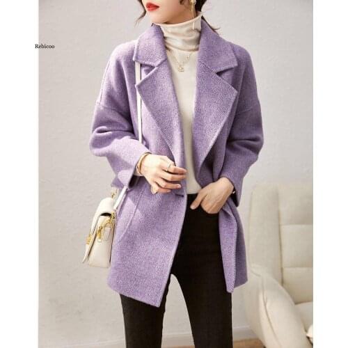 Solid Blends Women Purple Elegant Loose Sash Korean Style Chic Trendy Popular Double Breasted Winter Warm College Students Lady
