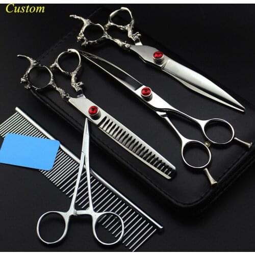 Custom 5 kit japan steel 7'' Dragon pet dog grooming hair cutting shears haircut thinning barber makas hairdressing scissors set