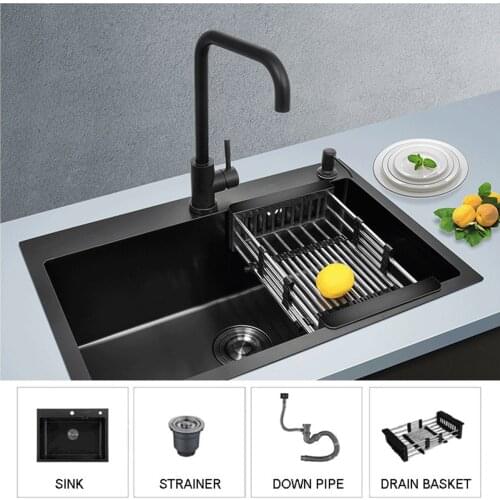 Stainless Steel Single Sink Basin 680x450mm Black Kitchen Bowl Drain Basket Strainer Down Pipe Laundry Bathroom Kitchen Fixture