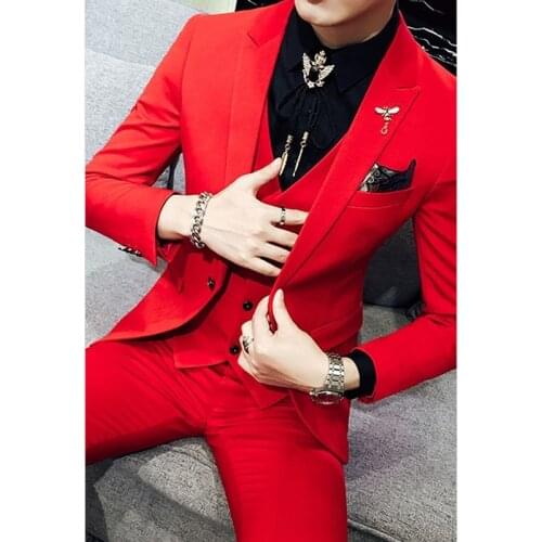 2021 Spring Luxury Fashion Groom Tuxedos Mens Suits Red One Button Formal Wedding Sets Three Pieces Suit (Jacket+Vest+Pants)