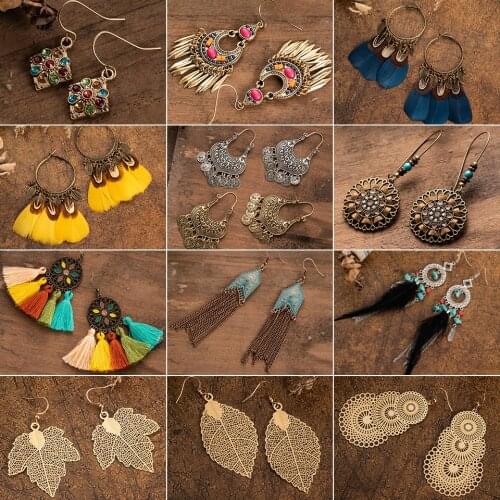 Vintage Long Metal Tassel Fringe Earrings for Women Statement Jewelry Big Round Geometric Leaf Stones Leopard Feather Earring