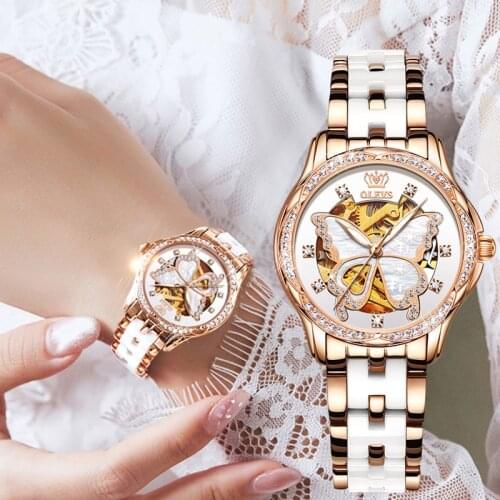 Valentines Day gifts OLEVS Automatic Watch for Women butterfly dial luxury Mechanical Stainless steel ceramic Ladies watch 6622