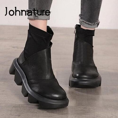 Johnature 2020 New Autumn Winter Women Boots Genuine Leather Zip Women Shoes Round Toe Handmade Leisure Concise Platform Boots