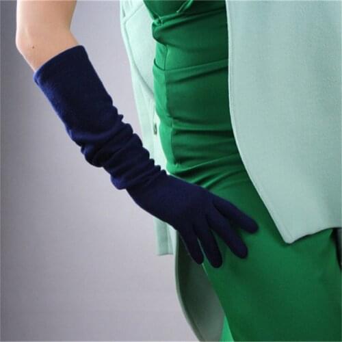 Female Elegant Cashmere Wool Gloves 50cm Long Section Elbow Elastic Evening Dress Navy Blue Dark Blue Tibetan Blue 5-YR03