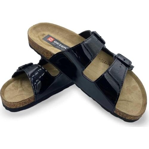 Womens Bright Black Cork Sole Slippers