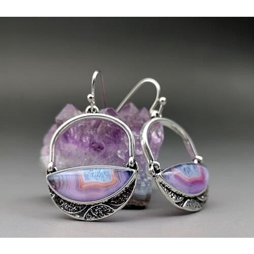 Vintage Purple Stone Statement Dangle Earrings Ladies Tribal Hollow Lock Shaped Hook Earrings Pendientes Bijoux 2021