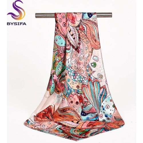 [BYSIFA] New Brand Female Pink 100% Silk Scarf Fashion Luxury Floral Pattern Women Square Scarves Spring Autumn Head Neck Scarf