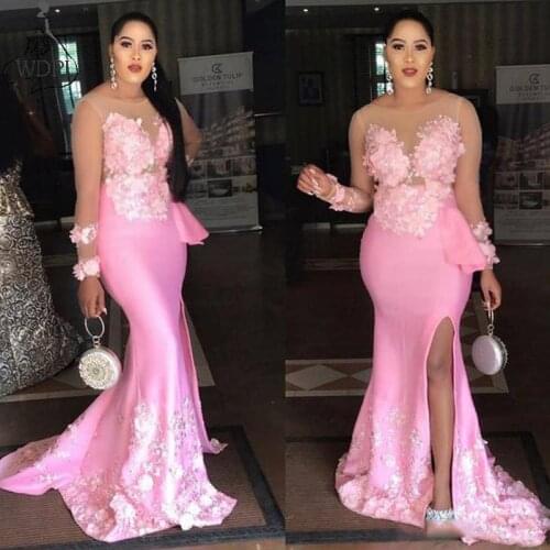 Sheer Neck Pink Mermaid Prom Dresses 2019 Floral Appliques Evening Party Gown Side Split Long Sleeve Formal Dress robe de soiree