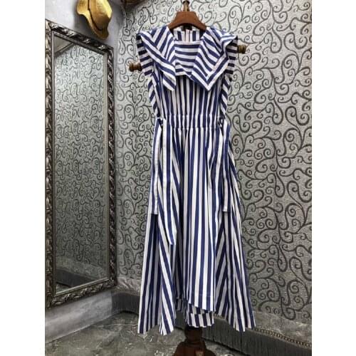 2021 Autumn Fashion Striped Dress High Quality Women Blue White Stripe Print Belt Deco Mid-Calf Length Casual Vintage Dress