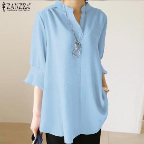 2021 ZANZEA Summer Women Elegant Ruffles Shirt Casual V Neck 3/4 Sleeve Blouse Female Work Blusas Chemise Solid Tunic Tops S-5XL