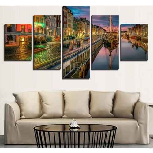 Pictures Modern HD Printed Wall Art 5 Pieces River And Building Ship Night View Canvas Paintings Frame Modular Decor Living Room