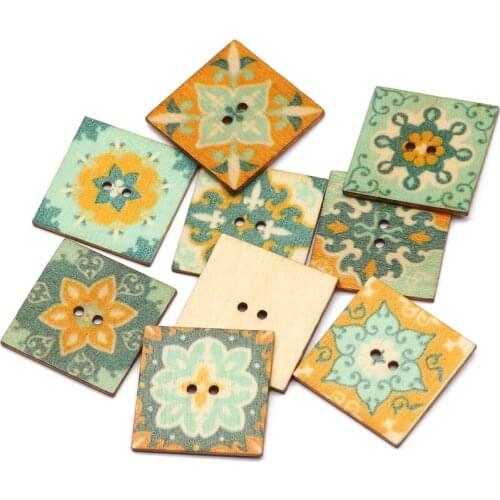 50pcs 25mm Vintage Pattern Mixed Green Wooden Buttons Square 2 Hole Sewing Button for Clothing Scrapbooking DIY Craft Decoration