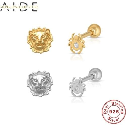 AIDE 1 Pc Punk Lion/Spider Stud Earrings For Women Retro Hiphop Animal Lion Head Piercing 925 Sterling Silver Earings kolczyki