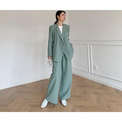 SE033 Notched Button Down Blazer Zipper Wide Leg Pants Design Sense Womens Solid Suit Two Piece Set With Pockets костюм женский