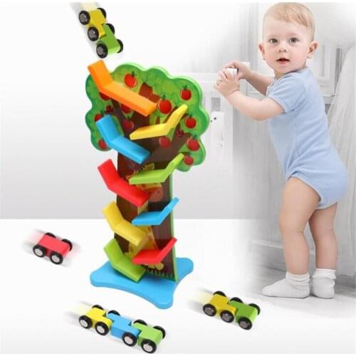 Baby Kids Wooden Ladder Gliding Car Track Educational Model To Slide Toy For Children Kid Gifts Small Pulley Colorful Fun Cars