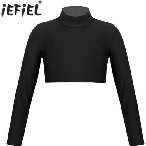 Kids Girls Ballet Jazz Dance Crop Top Solid Color Long Sleeve Gymnastics Corset Teens Stage Performance Workout Short Tops