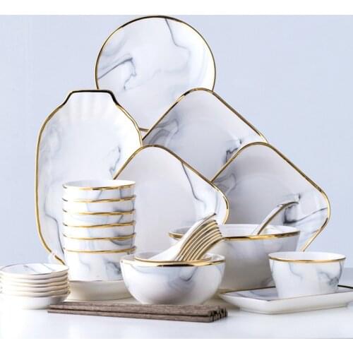 Phnom Penh Marbling Ceramic Dinner Plate Nordic Dishes And Plates Creative Square Round Dinnerware Household Rice Bowl Tableware