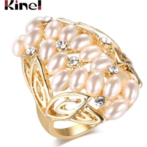 Kinel 2020 New Leaf Pearl Ring For Women Fashion Gold Color Austrian Crystal CZ Big Rings Wedding Jewelry