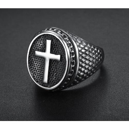 Classic Religion Cross Stainless Steel Ring Punk Jesus Christian Ring Mens Bump Lace Pattern Jewelry Gift Dropshipping Store