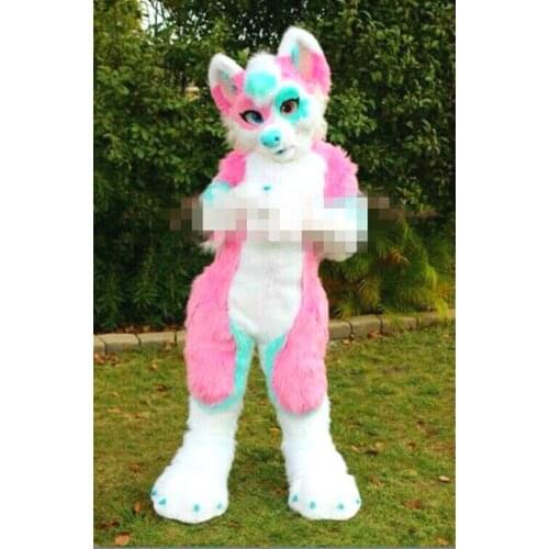 Halloween Pink Long Fur Fox Wolf Fursuit Husky Dog Mascot Costumes Complete Outfit Birthday Cosplay New