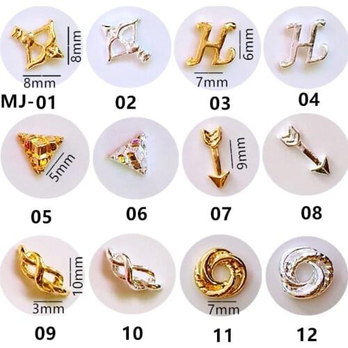 50pcs/pack metal nail art Apollo bow arrow letter"H" triangle chain round for jewelry nails sticker decoration art
