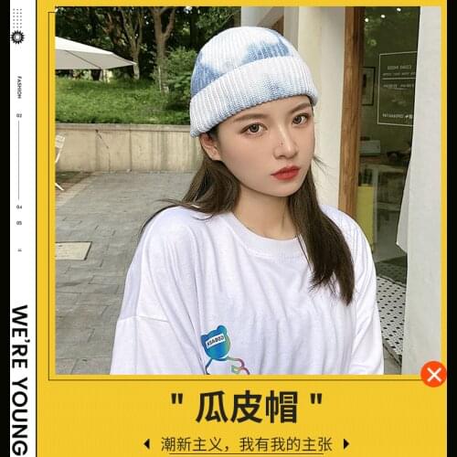 Men Hip Hop Tie Dye Knitted Hats Harajuku Streetwear Skullies Beanies Hats Autumn Winter Soft Cotton Warm Caps Japanese Style