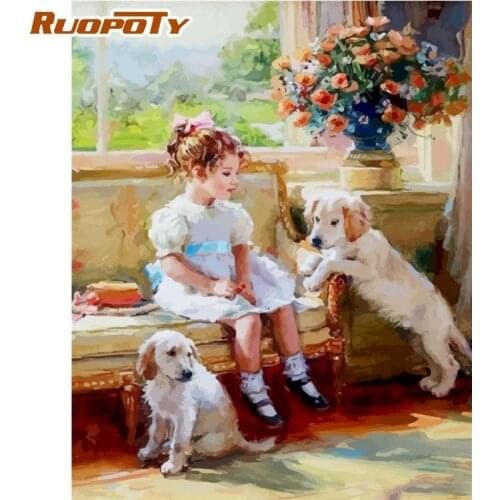 RUOPOTY Painting By Numbers Kits For Adults Little Girl With Dog Cat Paint 40x50cm Framed Home Decoration Acrylic Oil Photo Artc