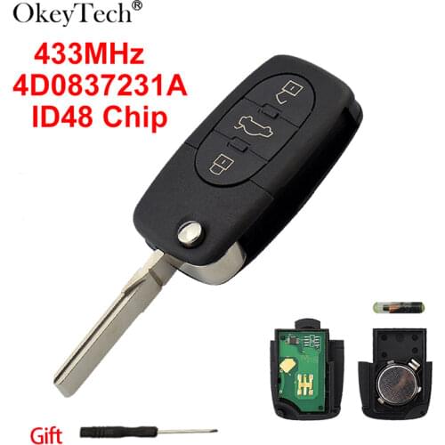 OkeyTech 3 Button 433Mhz 4D0837231A Transponder ID48Chip Remote Control Auto Car Key For Audi A3 A4 A6 A8 Old Model Folding Key