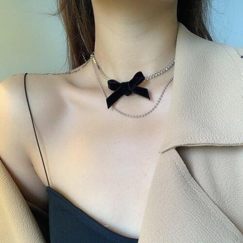Orgin Summer Korean Fashion Black Double Layer Bowknot Chokers Necklace for Women French Rhinestone Necklace Party Jewelry Hot