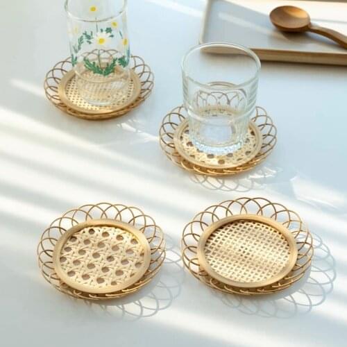 Rattan Woven Snack Plate Cup Coaster Desk Top Decor