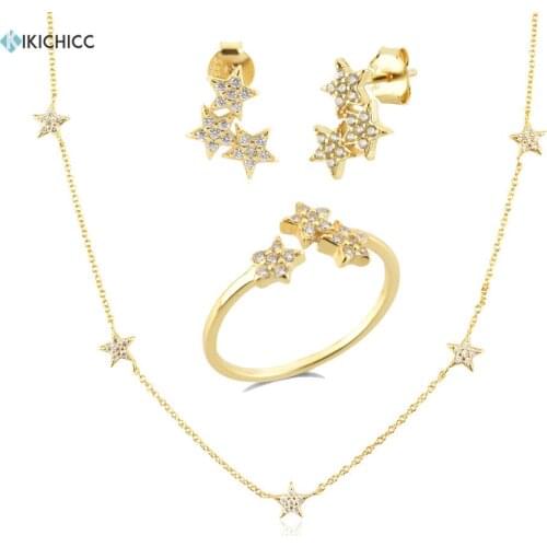 KIKICHICC 925 Sterling Silver Gold Starry Sky Spakle Star Stud Earring Ring Bracelet Necklace Choker Chain Jewelry Set Wedding